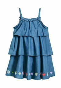 Jeanskleid mit gestuften Schichten, verstellbaren Spaghettiträgern und bestickten Motiven von Friedenszeichen, Herzen und Blumen am Saum.