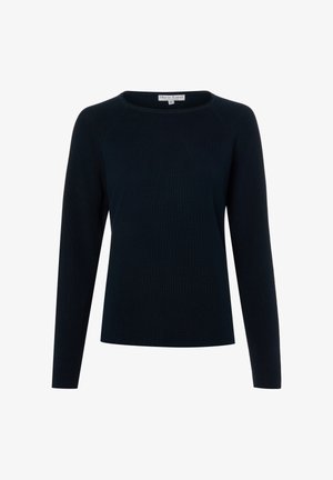 Pull en maille bleu marine à manches longues avec encolure ronde, texture côtelée et une petite étiquette à l'intérieur du col.