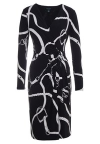 Svart omlottklänning med långa ärmar och V-ringning, prydd med ett mönster av vit snöre och spänne. Slät tyg med detaljerad knut i midjan.