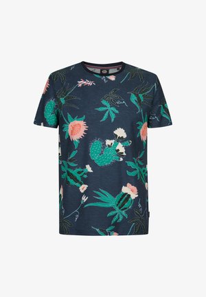 Tricou bleumarin cu mâneci scurte, decorat cu un model colorat de flori și cactuși, confecționat dintr-un material texturat și cu decolteu rotund.