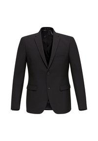 Czarna marynarka z klapami, z dwoma guzikami, bocznymi kieszeniami i elegancką, gładką teksturą. Klasyczny krój z dopasowanym fasonem.