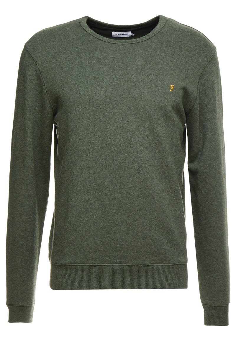 Felpa verde realizzata in tessuto morbido, con un colletto a girocollo, maniche lunghe, polsini e orlo a costine, e un piccolo logo ricamato in giallo.