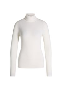 Weißer gerippter Rollkragenpullover mit langen Ärmeln, der eine figurbetonte Silhouette und eine subtile Textur aufweist. Keine sichtbaren Muster oder Akzente.