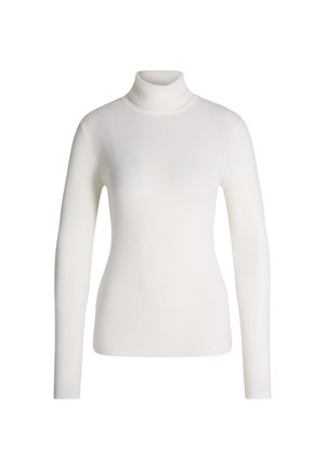 Weißer gerippter Rollkragenpullover mit langen Ärmeln, der eine figurbetonte Silhouette und eine subtile Textur aufweist. Keine sichtbaren Muster oder Akzente.