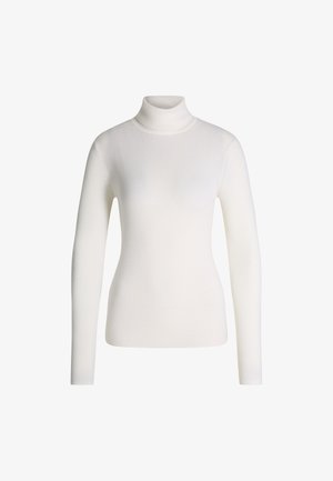 Witte geribde turtle neck trui met lange mouwen, met een getailleerde pasvorm en subtiele textuur. Geen zichtbare patronen of accenten.