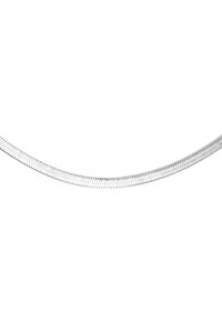 Sølvkjede i et fleksibelt design med en glatt, blank overflate og sammenkoblede lenker, med et sikksakk-mønster gjennom hele lengden.