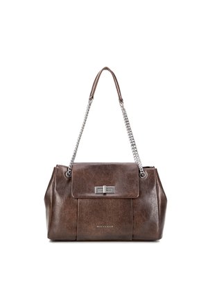 Sac à main en cuir marron avec rabat et fermoir à boucle en argent, chaîne avec coussinet en cuir pour l'épaule, et logo Wittchen sur le panneau avant.
