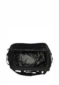 Sac de voyage en tissu noir avec un intérieur lisse et brillant. Dispose de plusieurs sangles, d'une grande ouverture zippée et d'une poche en mesh.