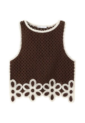Top sans manches marron en crochet avec bordure en dentelle blanche autour du col, des emmanchures et motif floral en dentelle le long de l'ourlet.