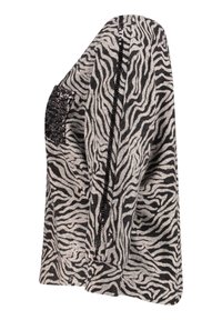 Sweter w paski zebry w kolorze szarym i czarnym, z kieszonką i wykończeniem wysadzanym cekinami, o luźnym, zwiewnym kroju i miękkiej fakturze.