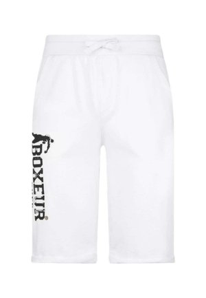 Pantaloni corti bianchi realizzati in tessuto morbido, con un logo nero e una grafica sulla gamba sinistra. Progettati con una vita elasticizzata e tasche laterali.