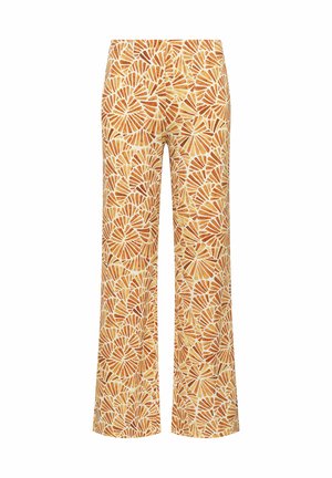 Pantalon à jambes larges avec un motif intégral en forme d’éventail marron et beige sur fond blanc, avec une taille mi-haute.