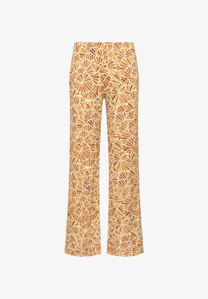 Pantalon à jambes larges avec un motif intégral en forme d’éventail marron et beige sur fond blanc, avec une taille mi-haute.