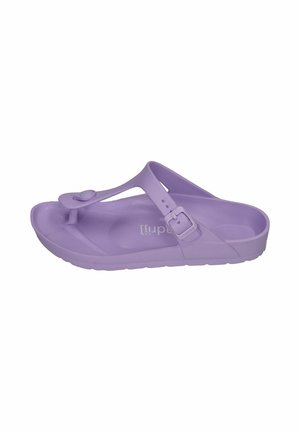 Purple rubber thong sandal with adjustable buckle strap and toe post, designed for casual wear.
