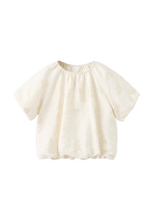 Voľná, krátkym rukávom, krémová blúzka s okrúhlym výstrihom a jemným textúrovaným vzorom na ľahkej tkanine.