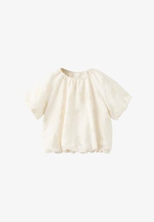 Bluza lejeră, cu mâneci scurte, de culoare crem, cu decolteu rotund și model texturat subtil pe țesătură ușoară.