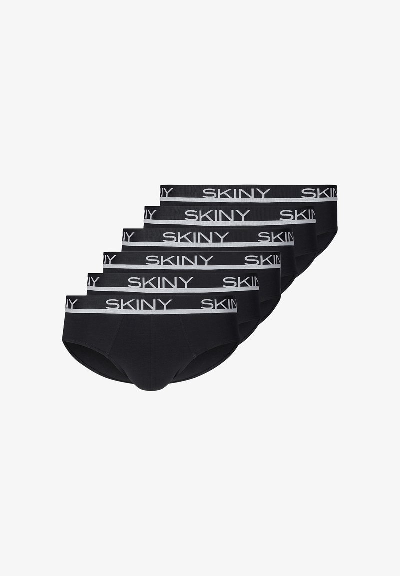 Czarne bawełniane majtki, pięciopak, o dopasowanym fasonie z szerokim elastycznym pasem w talii, na którym widnieje nazwa marki "SKINY" w szarym kolorze.