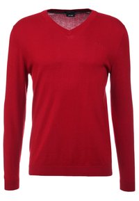 Czerwony sweter w serek wykonany z gładkiej tkaniny, z długimi rękawami i ściągaczami, z subtelnym logo marki haftowanym na piersi.