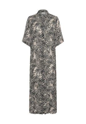 Korte mouwen, gekleed shirt in beige met een zwart bladerenpatroon. Lichtgewicht, vloeiende stof; rechte snit met een lengte tot de knie.