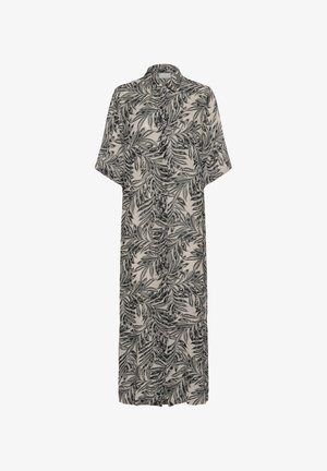 Korte mouwen, gekleed shirt in beige met een zwart bladerenpatroon. Lichtgewicht, vloeiende stof; rechte snit met een lengte tot de knie.