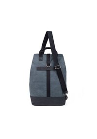 Grijze canvas rugzak met een gestructureerd oppervlak, zwarte accenten, een verstelbare schouderband en een handvat aan de bovenkant. Heeft een horizontale strap aan de voorkant.