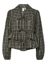 Maslinasto zelena karirana bluzica s dugim rukavima, prevelikim ovratnikom, skupljenim pojasom, peplum detaljem i tri vezane mašne sprijeda.