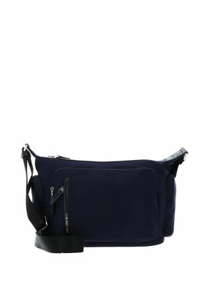 Sac bandoulière bleu marine avec plusieurs compartiments zippés et une sangle noire ajustable, conçu pour un usage décontracté.