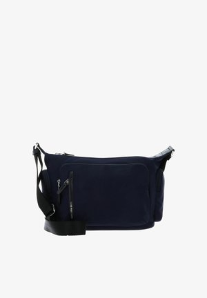 Sac bandoulière bleu marine avec plusieurs compartiments zippés et une sangle noire ajustable, conçu pour un usage décontracté.