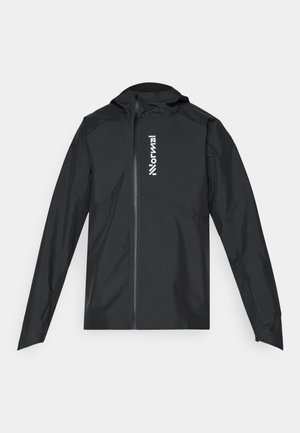 Schwarze, wasserdichte Jacke mit langen Ärmeln, Reißverschluss und Kapuze. Verfügt über ein weißes Logo auf der Brust und eine glatte, glänzende Textur.