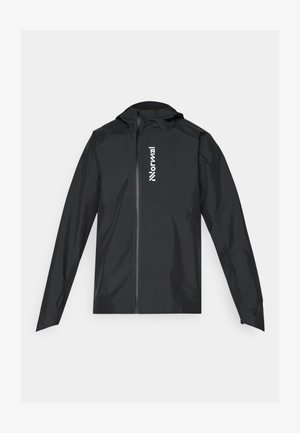 Black waterproof jacket with long sleeves, zip closure, and a hood. Features a white logo on the chest and a smooth, shiny texture.