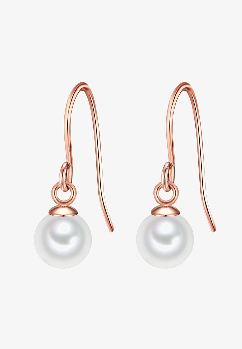 Rózsaarany fülbevalók fehér gyöngyökkel, sima, fényes felülettel és kör alakú dizájnnal az alján, karcsú akasztókkal kiegészítve.