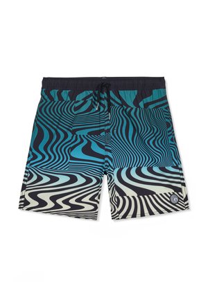 Short de bain pour homme avec ceinture élastique noire et cordon de serrage, présentant un motif géométrique de rayures ondulées bleues, noires et blanches.