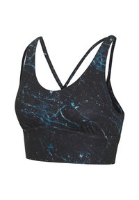 Black sports bra with a marbled pattern in blue accents, featuring a low scoop neckline and crisscross strap design on the back.