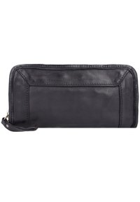 Portafoglio in pelle nera con una texture liscia, forma rettangolare, zip superiore e una tracolla. Presenta cuciture minime e un design elegante.