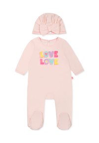 Tutina in cotone rosa con maniche lunghe e design con piedi, caratterizzata da una stampa colorata "LOVE LOVE". Include un cappellino rosa abbinato con un fiocco.