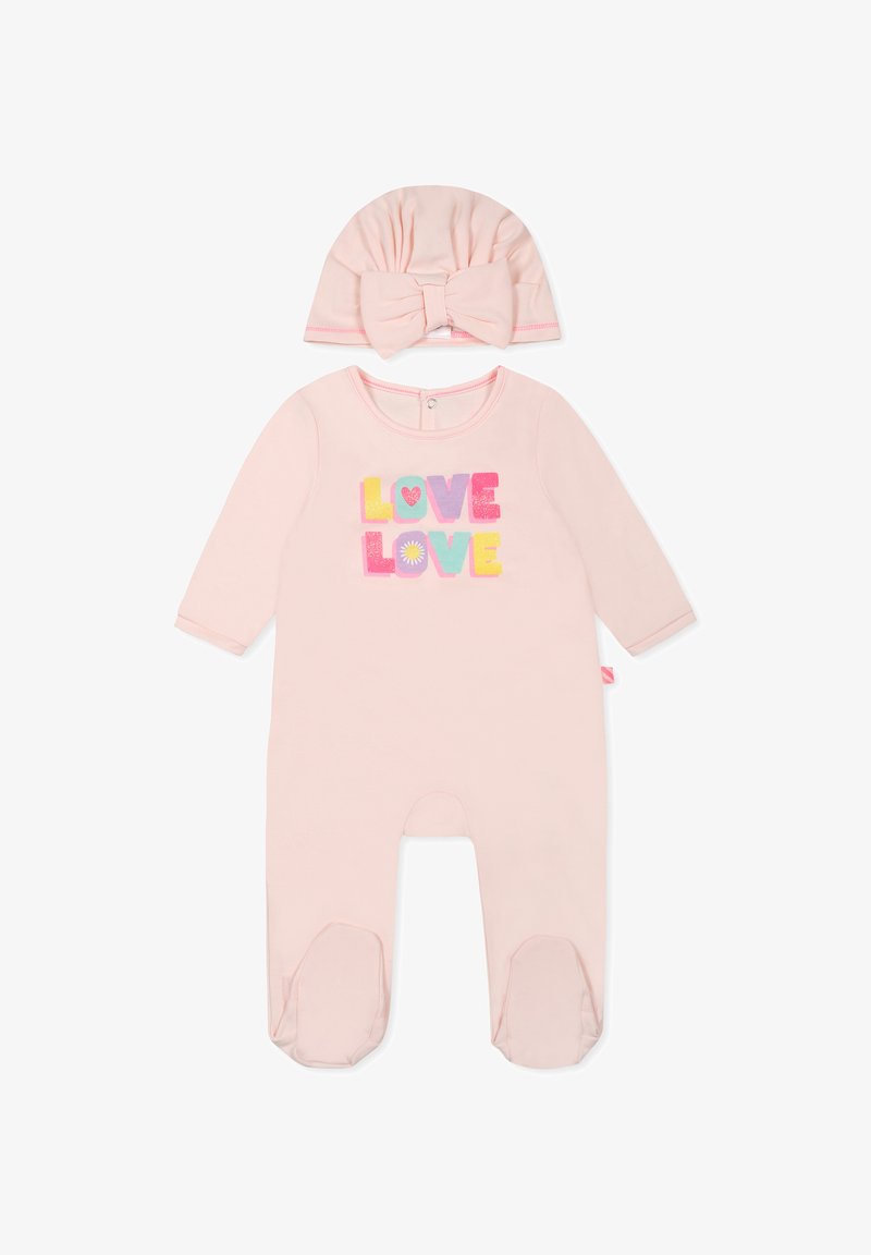 Tutina in cotone rosa con maniche lunghe e design con piedi, caratterizzata da una stampa colorata "LOVE LOVE". Include un cappellino rosa abbinato con un fiocco.