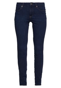 Vaqueros ajustados de un azul oscuro, confeccionados en denim, con cremallera en la bragueta, bolsillos delanteros y traseros, y detalles de costura sutiles.