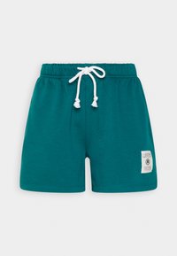 Türkiisist puuvillased lühikesed püksid elastse talje, valge söötme ja külje peal väikese logoga, millel on kirjas "LEV'S 1873".