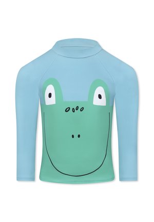 Langarm rash guard in lichtblauw en groen, met een ontwerp van een groene kikkerkop met grote ogen en een eenvoudige zwarte omtrek.
