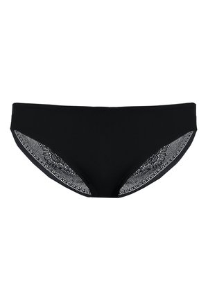 Černé bikinové spodky s krajkovými bočními panely, vyrobené z hladké a elastické tkaniny, poskytující střední pokrytí, navržené pro pohodlí a styl.