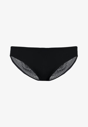 Bas de bikini noir avec des panneaux latéraux en dentelle, doté d'un tissu lisse et extensible et offrant une couverture modérée, conçu pour le confort et le style.