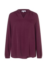 Burgundy long-sleeve blouse with a v-neck, featuring pleated shoulder details and elastic cuffs, made from a soft fabric.
