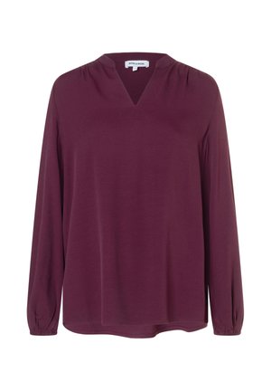 Burgundy long-sleeve blouse with a v-neck, featuring pleated shoulder details and elastic cuffs, made from a soft fabric.