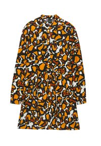 Luipaardprint jurk in zwart, oranje en wit; lange mouwen, knoopsluiting, kraag, geraffineerde taille, zachte stof met een vloeiende uitstraling.
