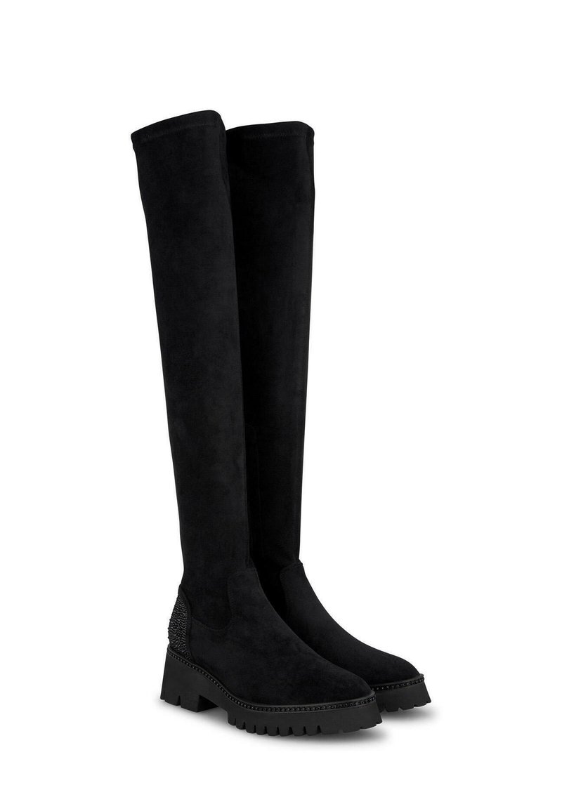 Knee-high zwarte suède laarzen met een textuuraccent op de hak, stevige rubberen zool en gestroomlijnd ontwerp.