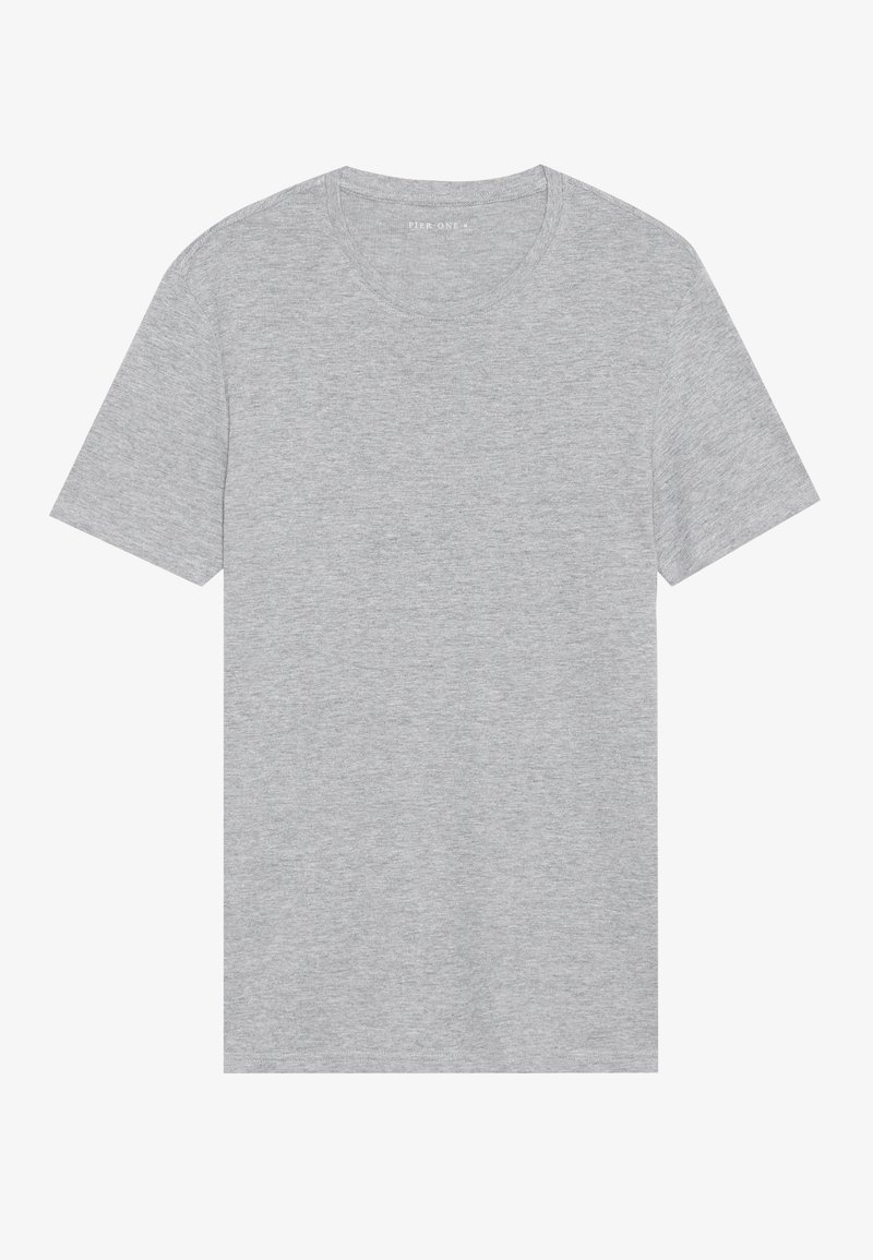 T-shirt en coton gris à manches courtes, col rond, avec une finition douce et texturée. Pas de motifs ni d'accents visibles.