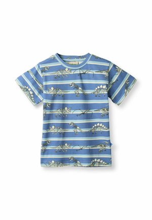 Blauw T-shirt met korte mouwen met afwisselende blauwe en witte strepen en beige dinosaurusskeletten als patroon. Ronde halslijn, gemaakt van katoen.