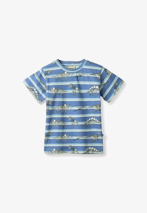 Blaues kurzärmeliges T-Shirt mit abwechselnden blauen und weißen Streifen und Dinosaurierskelettmustern in Beige. Rundhalsausschnitt, Baumwollmaterial.