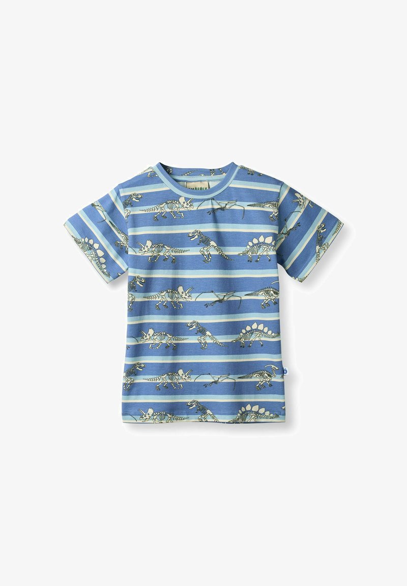 T-shirt bleu à manches courtes avec des rayures alternées bleues et blanches, ornées de motifs de squelettes de dinosaures en beige. Col rond, en coton.