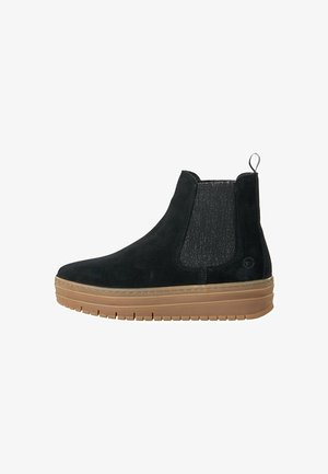 Mustad musta sametist ankle boots, millel on venitatavad külgpanelid, tõmblik ja heledast pruunist kummist tallad, millel on struktureeritud muster.